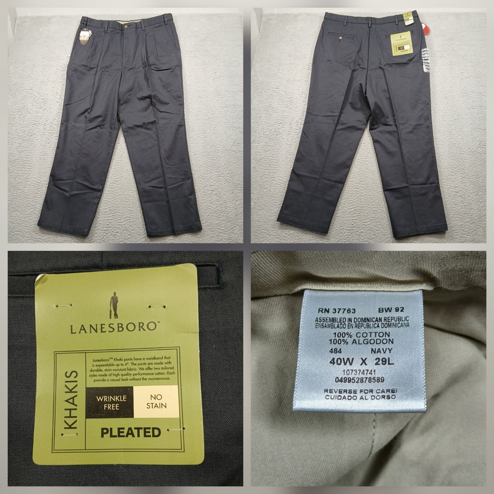 Lanesboro Pleated Khaki Pants Mens 40x29 Navy‎ Wrinkle Free NWT
